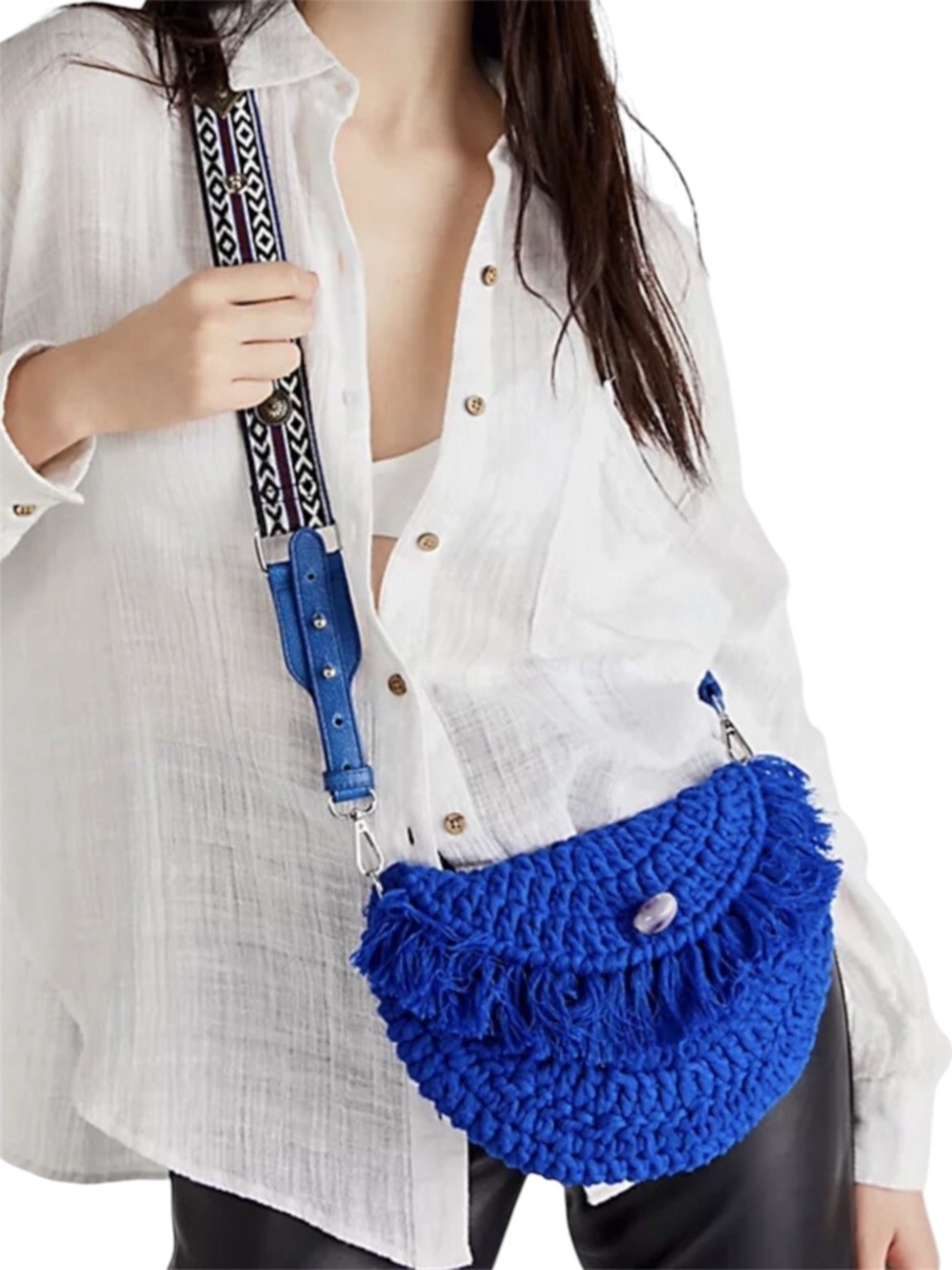 Free People Indigo Blue Macrame Moon Boho Western Indie Crossbody Bag